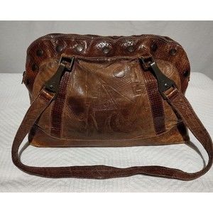 Vintage Lisandro Sarasota Large 2-Tone Brown Leather Engraved Double Handle Bag